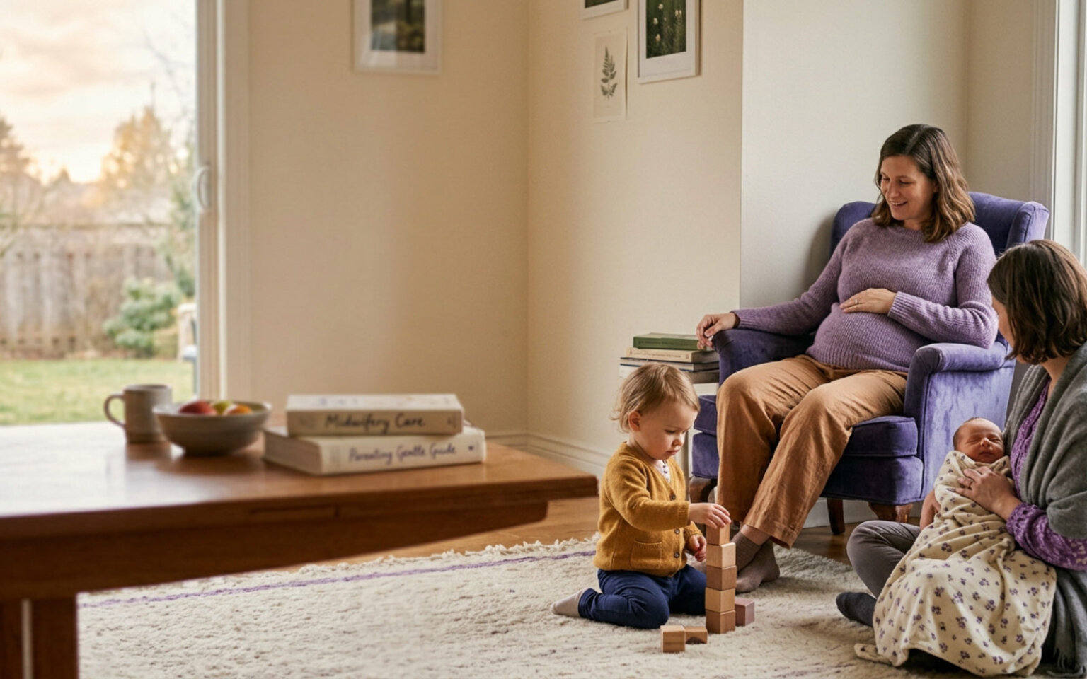 A mother cradling her newborn in soft light by a window